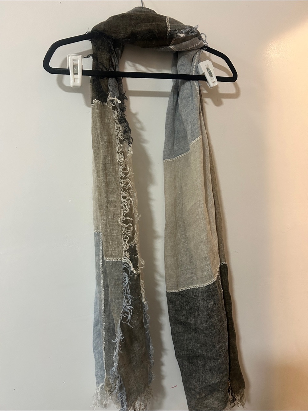 Eileen Fisher Neutral Patchwork Linen-Blend Scarf in Beige, Gray, and Black
